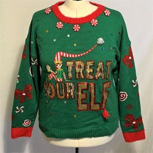 Ugly Christmas Sweater Treat Your Elf Self Peppermint Sequins Green Womens XL